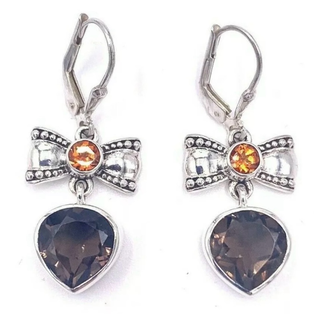 🌟Nicky Butler Sterling Silver Smokey Quartz Heart & Bow Gem Drop Earrings NEW